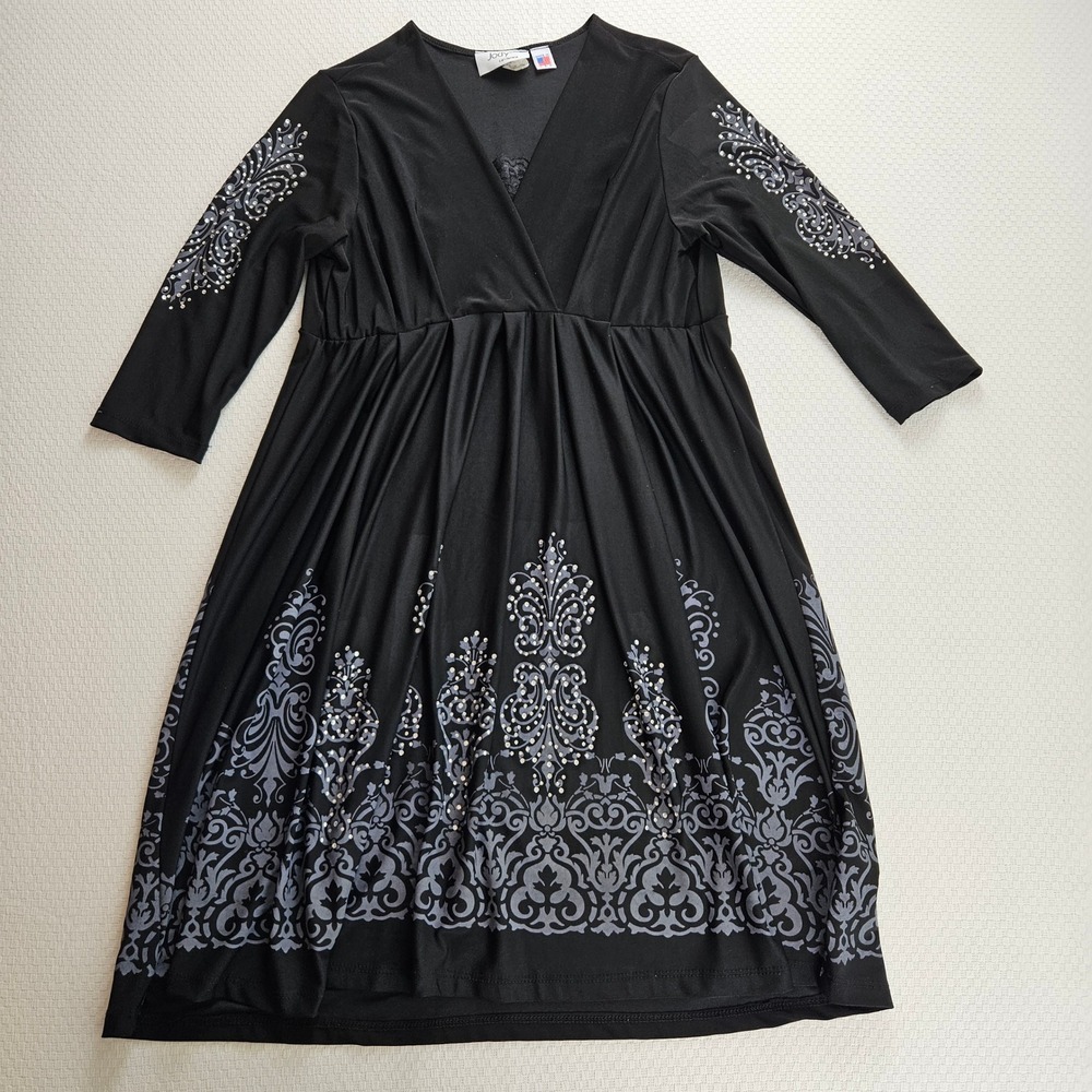 Y2K Jody California Black Damask Rhinestone Empire Waist Dress 3/4 Sleeve M